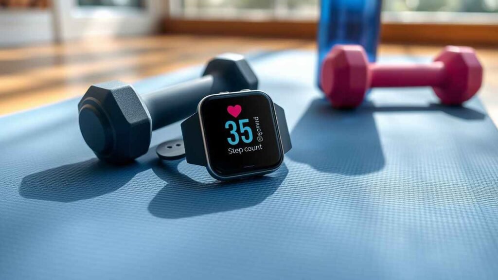 A modern fitness tracker on a yoga mat with dumbbells and water bottle in bright natural light