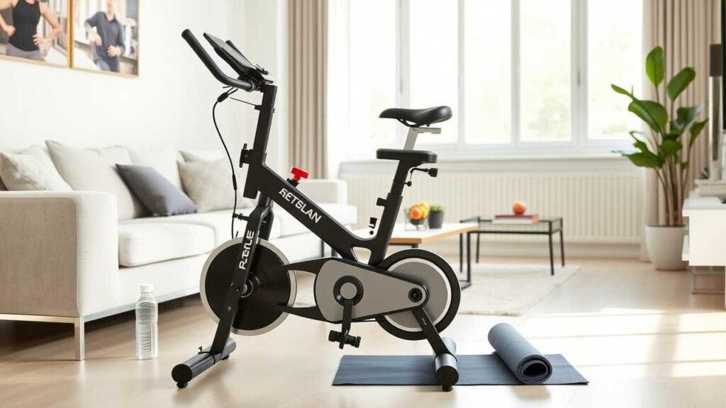 A modern foldable cardio bike set up in a bright, minimalist apartment living room