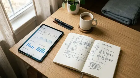 A clean, modern desk setup featuring an open notebook with gym layout sketches, a sleek tablet showing a workout plan, and a cup of coffee.