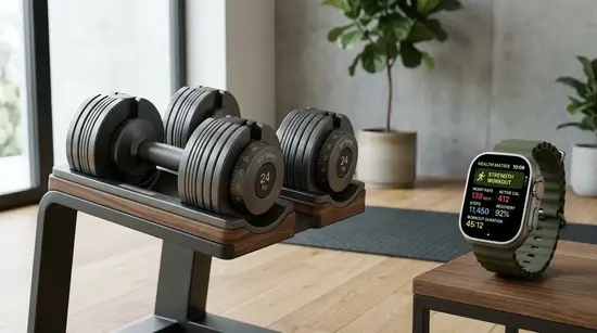 A modern home gym setting featuring a high-quality adjustable dumbbell set on a minimalist rack, with a sleek fitness smartwatch resting neatly beside it.