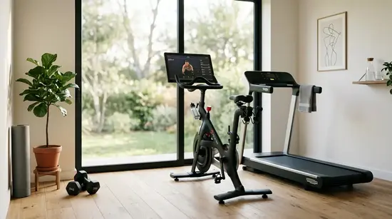 A modern home gym setup featuring a sleek, compact treadmill and an elegant stationary spin bike positioned next to a bright window with soft morning light.