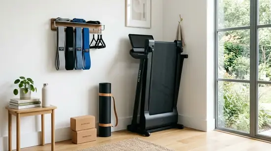 A modern, well-organized home gym space featuring a neatly folded treadmill, resistance bands, and premium fitness gear arranged against a clean wall.