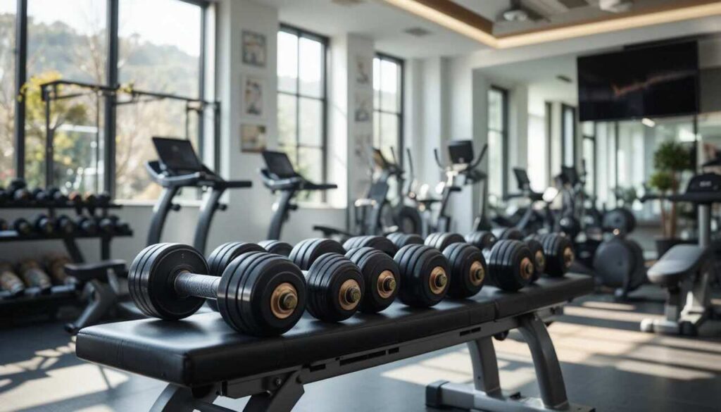 A modern home gym with sleek Bowflex adjustable dumbbells