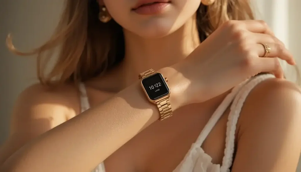 Fitbit Luxe Bands & Fashion Accessories 4 woman's wrist wearing a gold and rose gold Fitbit Luxe band styled like luxury jewelry