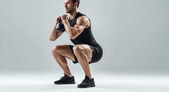 Athlete performing goblet squat with kettlebell,