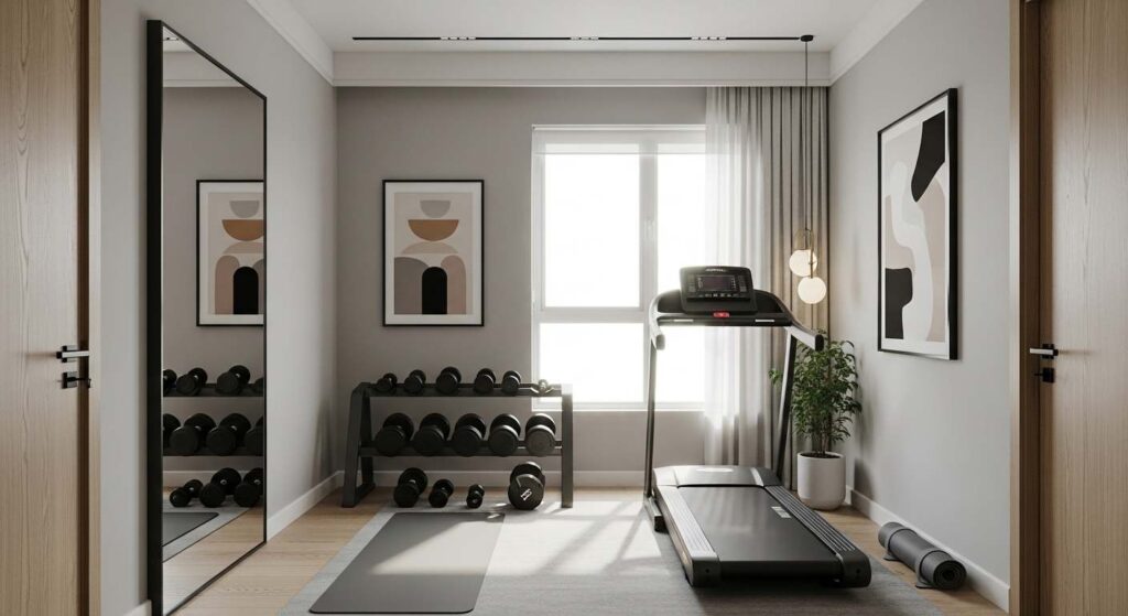 Spare bedroom gym with compact equipment and modern home design