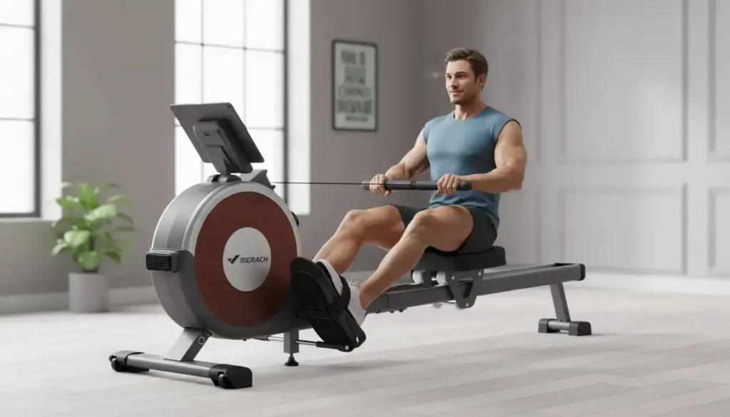 Merach Q1S Rowing Machine Review & Buying Guide 2 Merach Q1S rowing machine in a modern home gym during workout