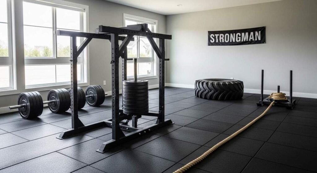 Strongman equipment for home gym including sandbags, farmer’s handles, log bar, and sled in a modern garage setup