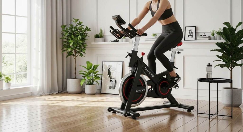Chaoke Exercise Bike Review: Quiet Home Cardio 2 Chaoke exercise bike in a modern home gym setup showing quiet indoor cycling workout