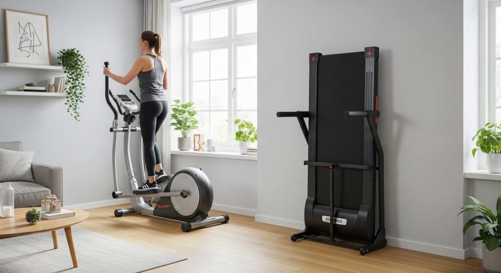 Studio apartment cardio setup with foldaway treadmill and compact elliptical in a small modern living space