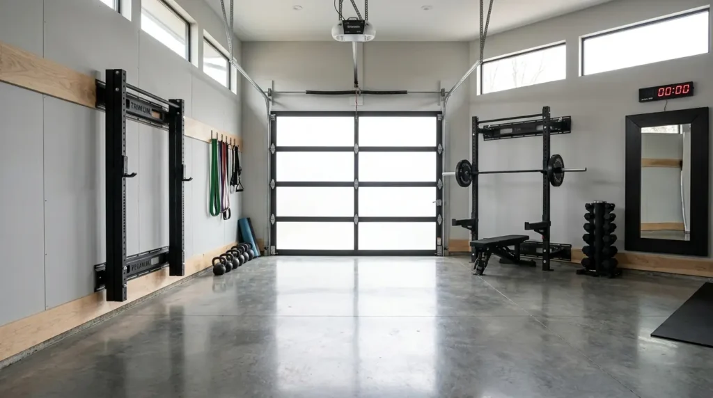 Folded folding squat rack mounted on a garage wall in a modern home gym setup with weights and bench nearby.