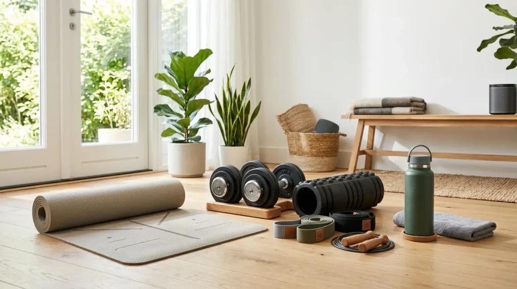 Minimalist Gear for Daily Exercise: Best Essentials 2 Minimalist gear for daily exercise including resistance bands, jump rope, yoga mat, adjustable dumbbells, and foam roller in a modern home gym.
