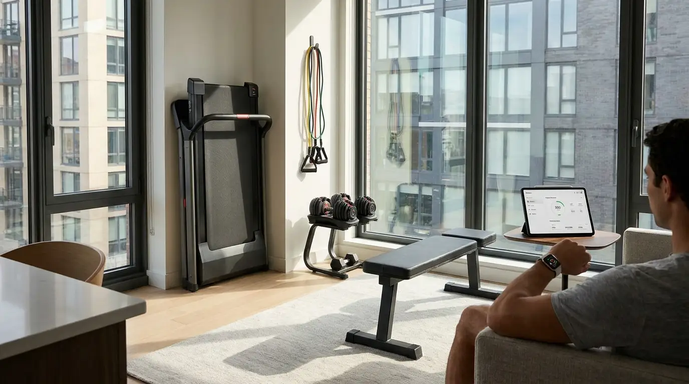 About FlexGear Insights, featuring smart home gym equipment and compact fitness technology