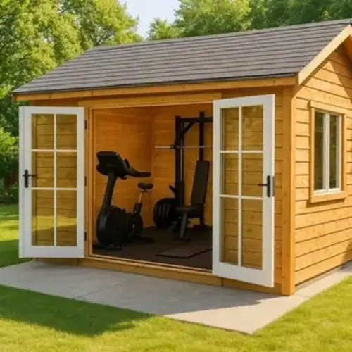 Outdoor Gym Ideas for Backyards: 15 Stylish & Practical Setups 2 Modern backyard gym shed with weights and home gym equipment