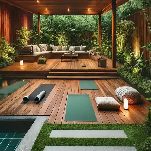 Outdoor Gym Ideas for Backyards: 15 Stylish & Practical Setups 11 Luxury backyard outdoor yoga deck surrounded by garden landscaping