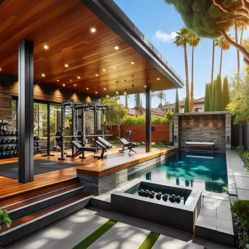 Outdoor Gym Ideas for Backyards: 15 Stylish & Practical Setups 14 Backyard home gym with power rack, barbell, bench, and weight plates