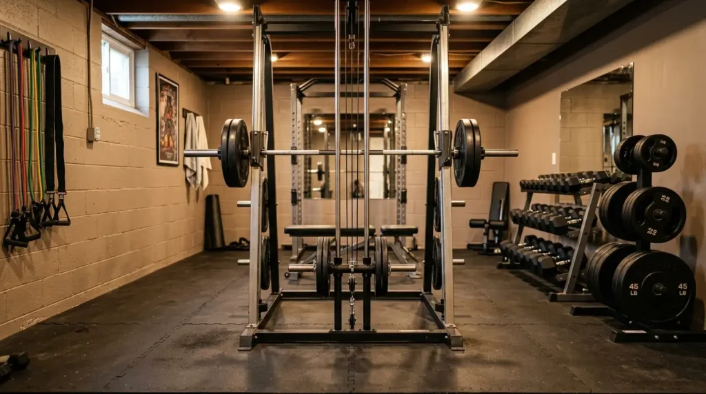 Best Smith machine for home gym in a clean basement setup.