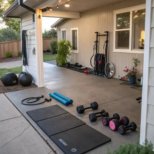 Outdoor Gym Ideas for Backyards: 15 Stylish & Practical Setups 6 Outdoor backyard functional fitness area with kettlebells and training equipment
