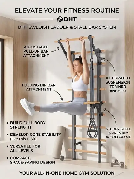 Wall-Mounted Wooden Stall Bars Guide 2 DHT Swedish Ladder Stall Bar with Pull-Up and Dip Bar Attachments – Wall-Mounted Wooden Stall Bars