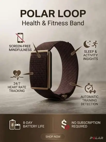 Polar Loop – Smart Screen-Free Wearable Health & Fitness Band with 24/7 Heart Rate, Sleep & Activity Tracking, Automatic Training Detection, No Subscription, 8-Day Battery.