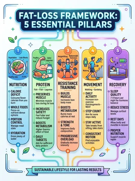Fat-Burning framework infographic the five pillars—nutrition, protein, resistance training, movement, and recovery.