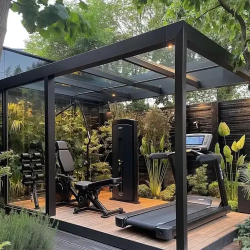 Outdoor Gym Ideas for Backyards: 15 Stylish & Practical Setups 22 Backyard gym shed with outdoor training yard, turf, weights, and fitness equipment
