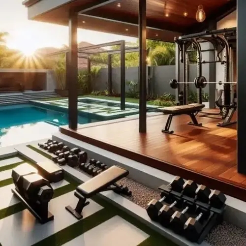 Outdoor Gym Ideas for Backyards: 15 Stylish & Practical Setups 16 Luxury poolside backyard gym with modern workout equipment
