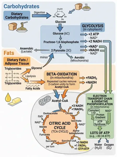 how carbohydrates and fat can both contribute to energy production.