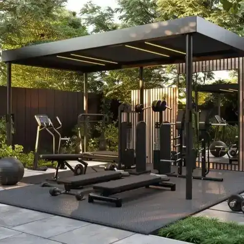 Outdoor Gym Ideas for Backyards: 15 Stylish & Practical Setups 7 Luxury backyard outdoor yoga deck surrounded by garden landscaping