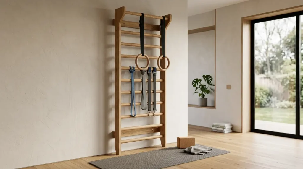 Wall-mounted wooden stall bars Swedish ladder in a modern home gym