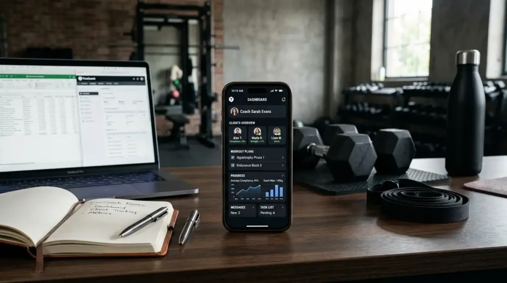 TrueCoach review interface shown on a smartphone screen next to home gym equipment and adjustable dumbbells.