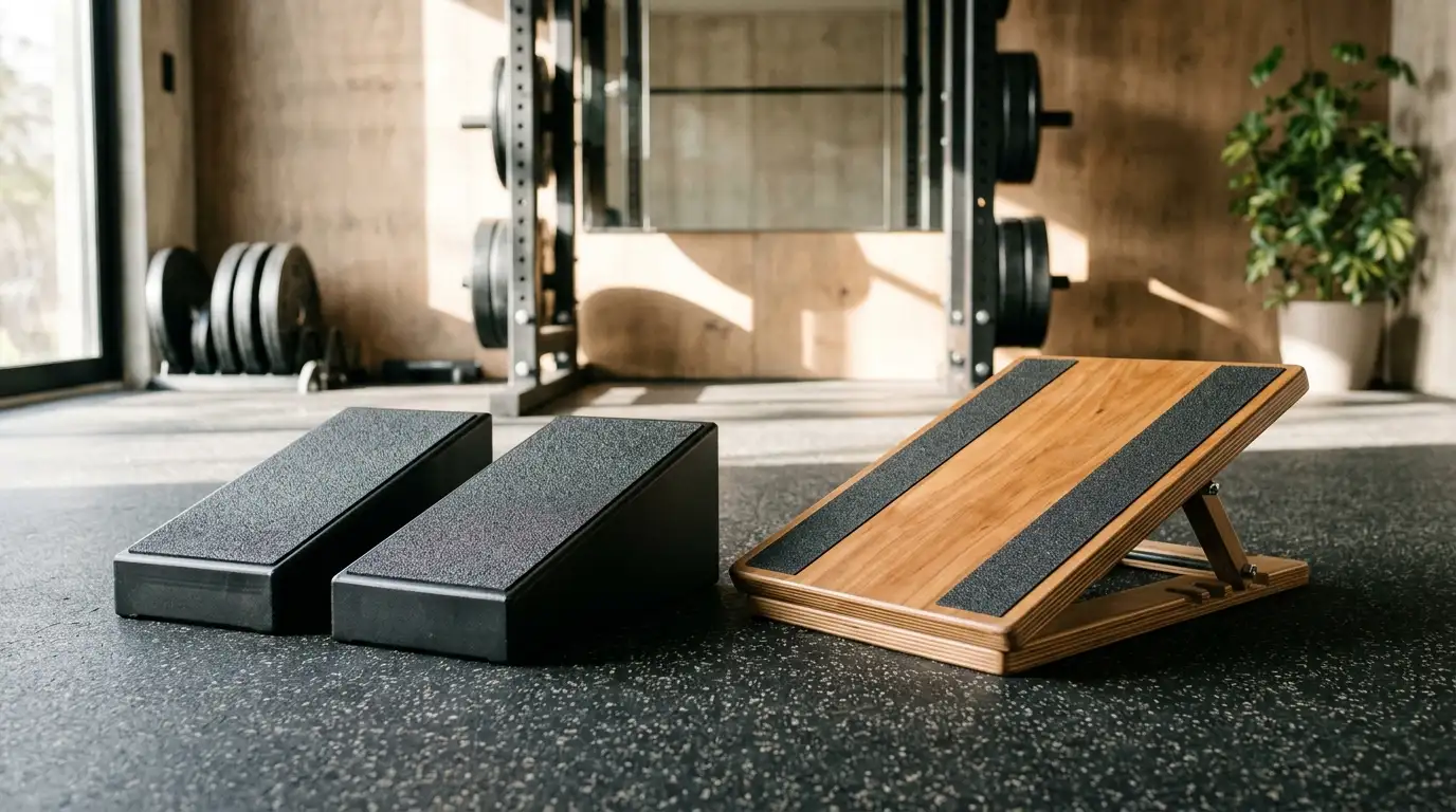 Steel squat wedge blocks and wooden slant board for squats, calf stretches, and ankle mobility.