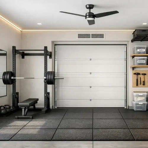 Bright, even LED lighting illuminating a half garage gym with workout equipment and rubber flooring.