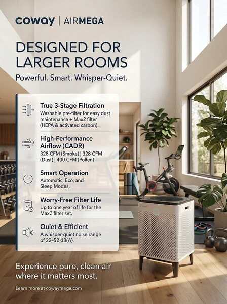 Best Air Purifiers for Home Gyms (2026 Buyer's Guide) 4 COWAY Air Purifier for Large Room