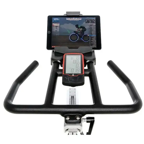 Exercise bike display and tablet holder for workout tracking