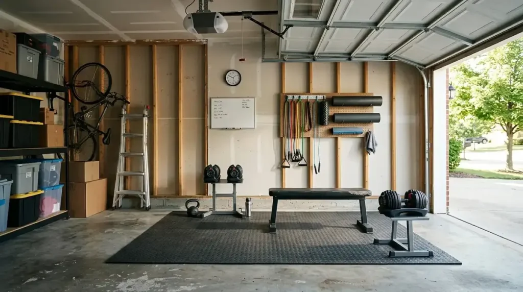 Garage gym ideas on a budget featuring adjustable dumbbells, a workout bench, resistance bands, and compact storage.