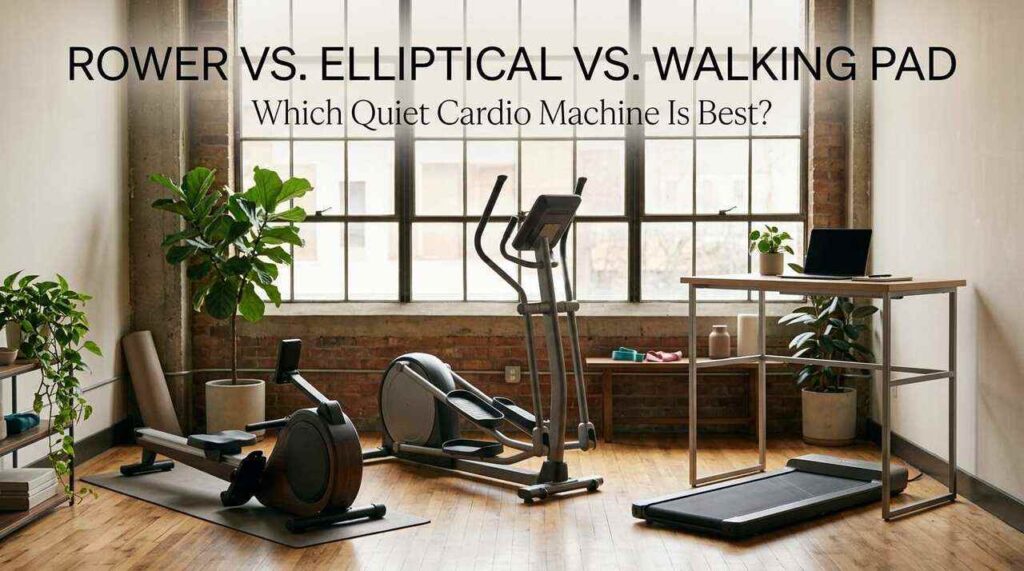 Rowing machine, elliptical trainer, and under-desk walking pad compared for quiet cardio workouts in a modern apartment.