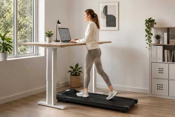 Slim under-desk walking pad beneath a standing desk in a modern home office for walking while working.