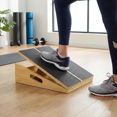 Wooden slant board with an inclined surface for standing calf stretches and ankle mobility exercises.