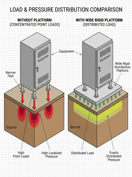 Side-by-side technical diagram comparing four narrow equipment feet against a wide rigid distribution platform, with simplified pressure arrows.
