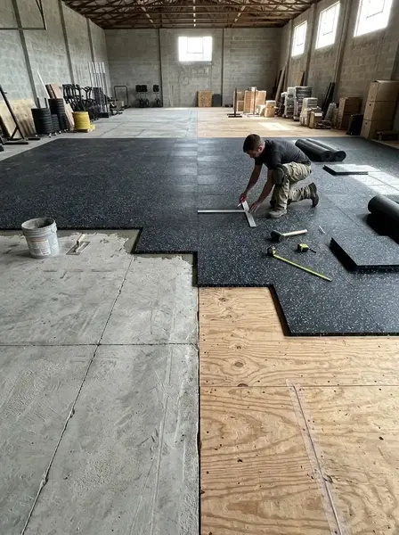 Rubber gym flooring installed over concrete and wood subfloors