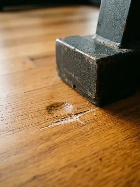 a small indentation and surface scratch in a hardwood floor beneath a metal gym equipment foot.