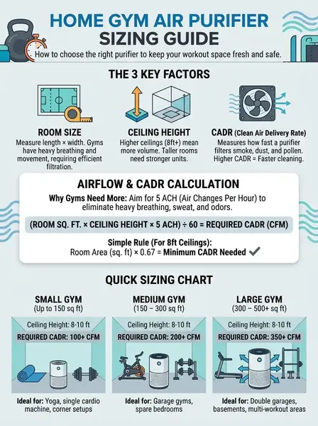 Best Air Purifiers for Home Gyms (2026 Buyer's Guide) 2 Diagram explaining air purifier sizing for different home gym rooms