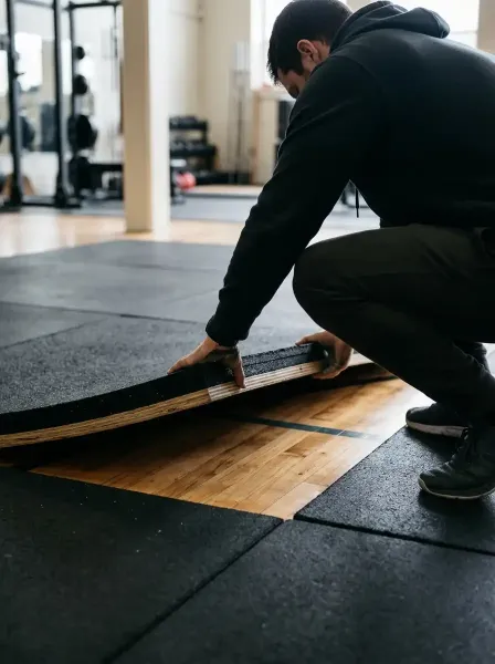 Editorial photograph of a person lifting the edge of a removable gym platform to inspect clean hardwood flooring underneath. No identifiable face.