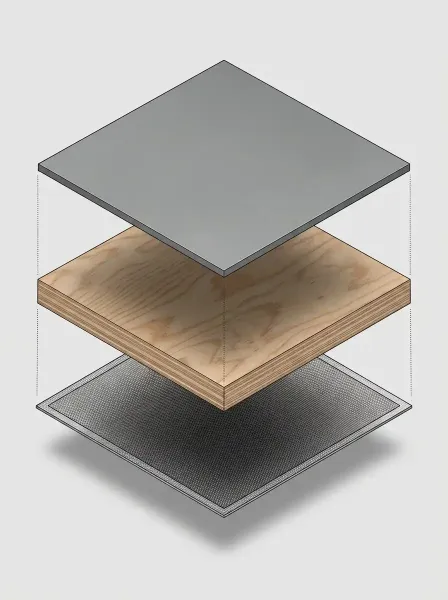 illustration showing three layers: compatible floor barrier, rigid plywood distribution panel, and upper protective surface. Clearly separated layers, neutral background, no text.