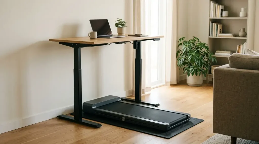 Compact folding walking pad under a standing desk in a small modern apartment