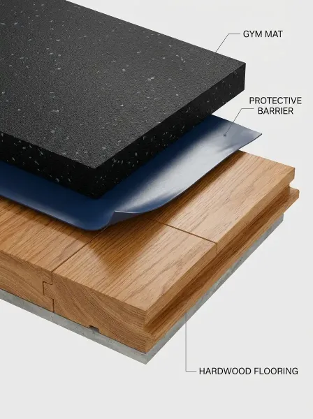 Close-up cross-section illustration of hardwood flooring, a protective barrier, and a gym mat, showing the separation between materials.